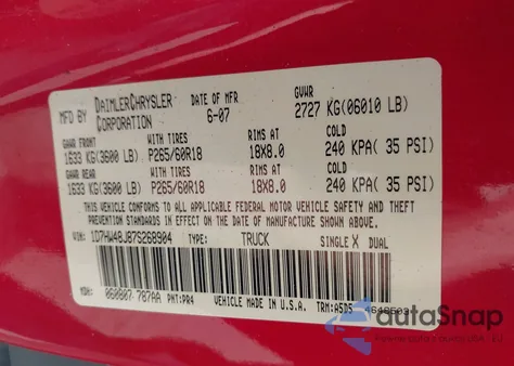 2007 Dodge Dakota Slt z USA, uszkodzony, nr VIN 1D7HW48J87S268904